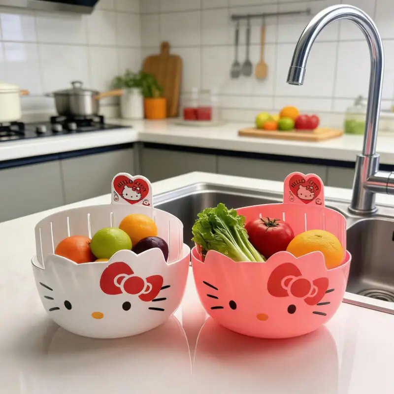 Cesta de Cocina HelloKitty Multifuncional de Doble Capa, Tazón para Lavar Frutas y Verduras, Colador de Plástico con Orificios de Drenaje para Uso Doméstico