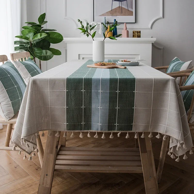 Nordic Cotton Linen Tablecloth Waterproof and Wash Free Tablecloth  Checkered Table Cloth Hotel Square Table Cover with Lace Hem