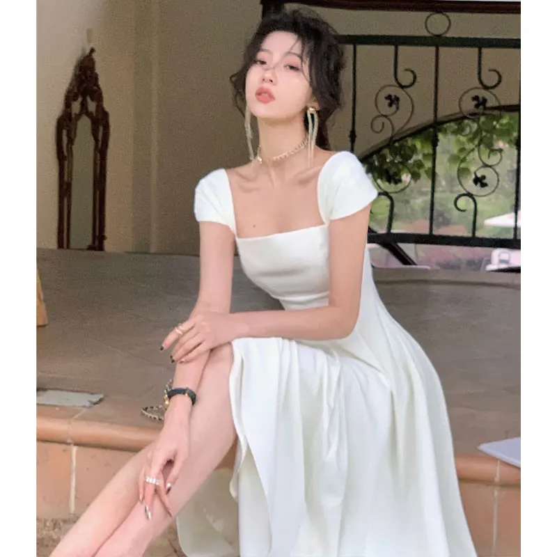 2023 French Elegant Women White Wedding Party Dress Vintage Square Collar Robe Female Sundress Retro Black Evening Dress Vestido