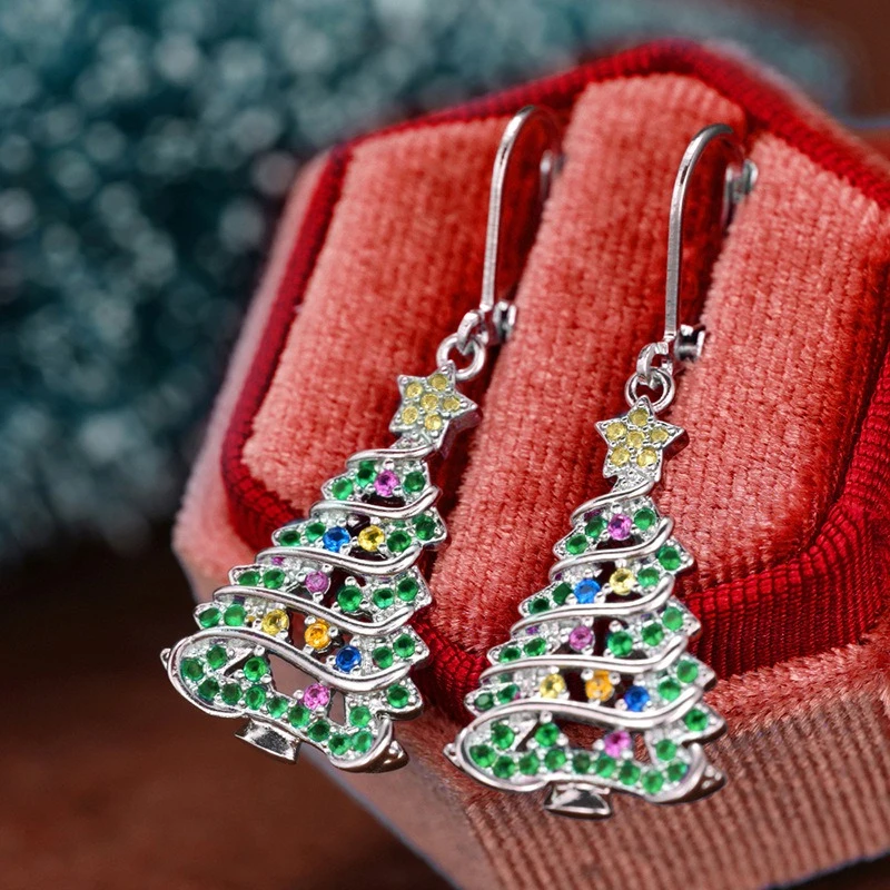 New Elegant and High End Sparkling Jewelry Christmas Tree Zircon Earrings Decorate Face Shape and Show Face Slimming Jewelry
