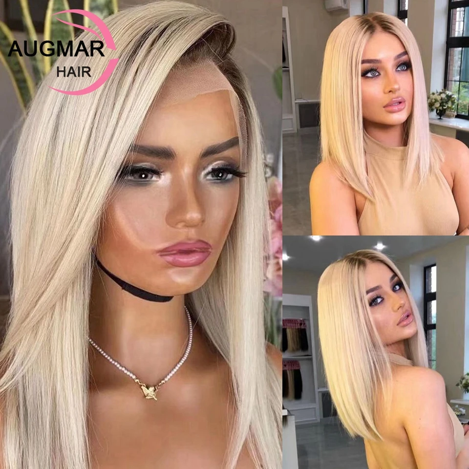 Pre Geplukt 13X6 Blonde Lace Front Pruik Menselijk Haar Ombre Straight Korte Bob Menselijk Haar Pruiken Hd Transparant 360 Kant Frontale Pruik