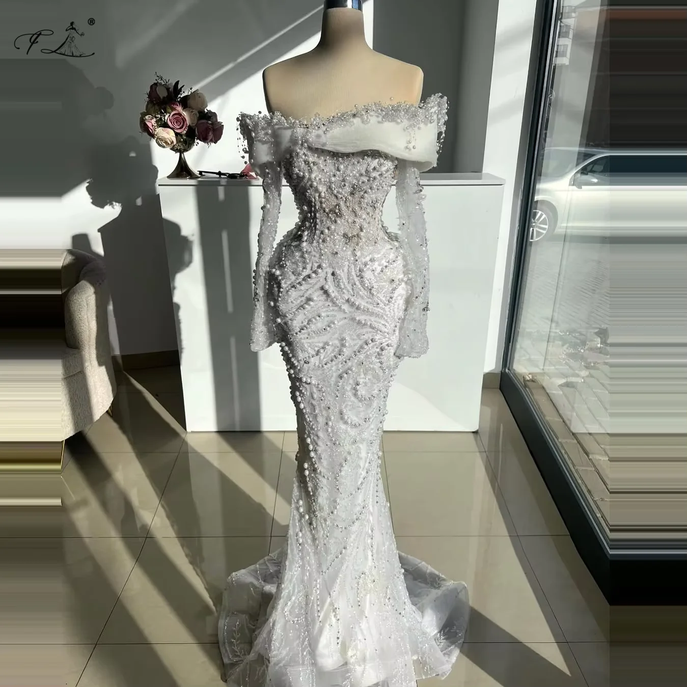 

Вечерние платья без бретелек с длинными рукавами, платья русалки с жемчугом и стразами, длинные бальные платья, банкетное платье на заказ