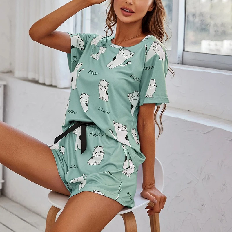 Pyjama-Set für Damen Kurzarm-Nachtwäsche-Top und Hose Nachtwäsche 3-teilige Pyjamas mit Cartoon-Print Nachtwäsche Nachtwäsche