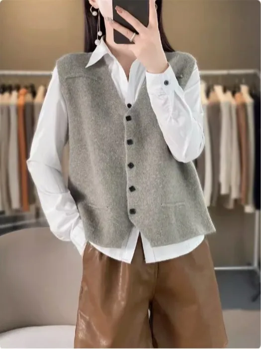 

Warm Knitted Suit Jaet V-Ne Outerwear Women's Winter New Sle Cool Wind Small Size Thermal Vest Layering oulder Pad