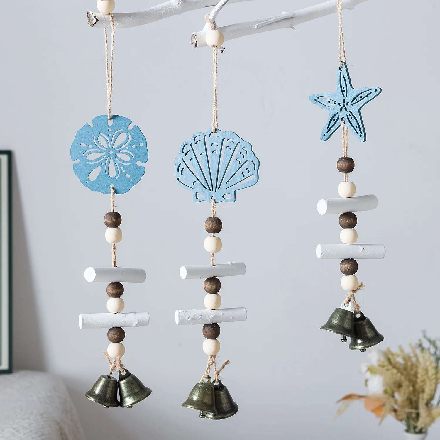 Mediterranean Wooden Starfish Wind Chime with Sailboat Bells Home Decor Christmas Ornament