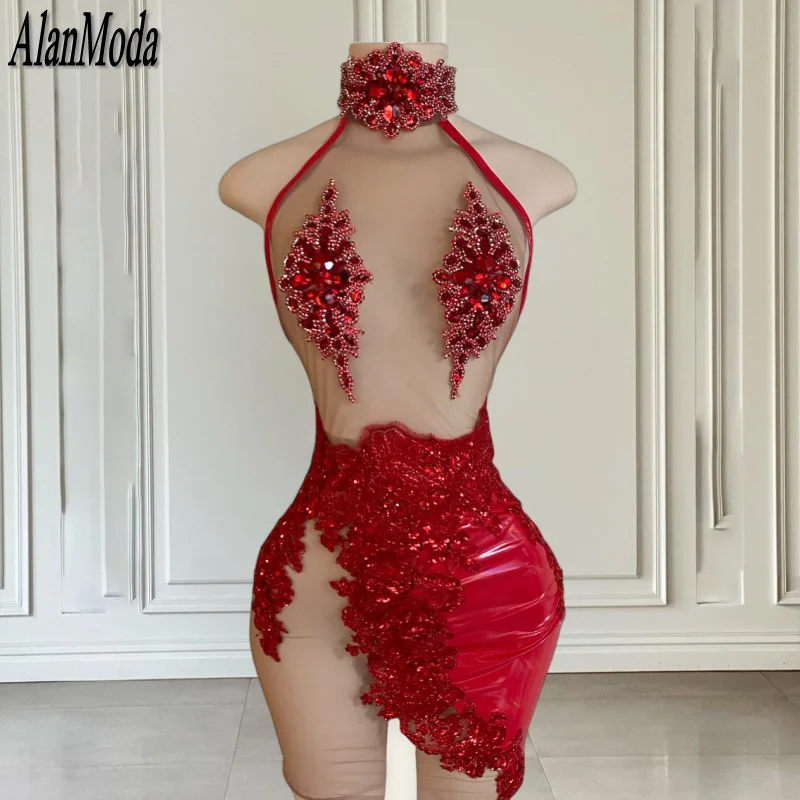 Sexy Red Birthday Dress For Women Luxury 2023 Glam Crystal High Neck Short Prom Gowns Lace Applique Black Girls Party Gala Dress