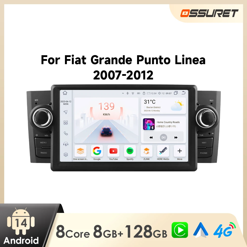Autoradio Android per FIAT Grande Punto Linea 2007-2012, Lettore Multimediale con Carplay Wireless, Schermo Touch da 7 Pollici, GPS