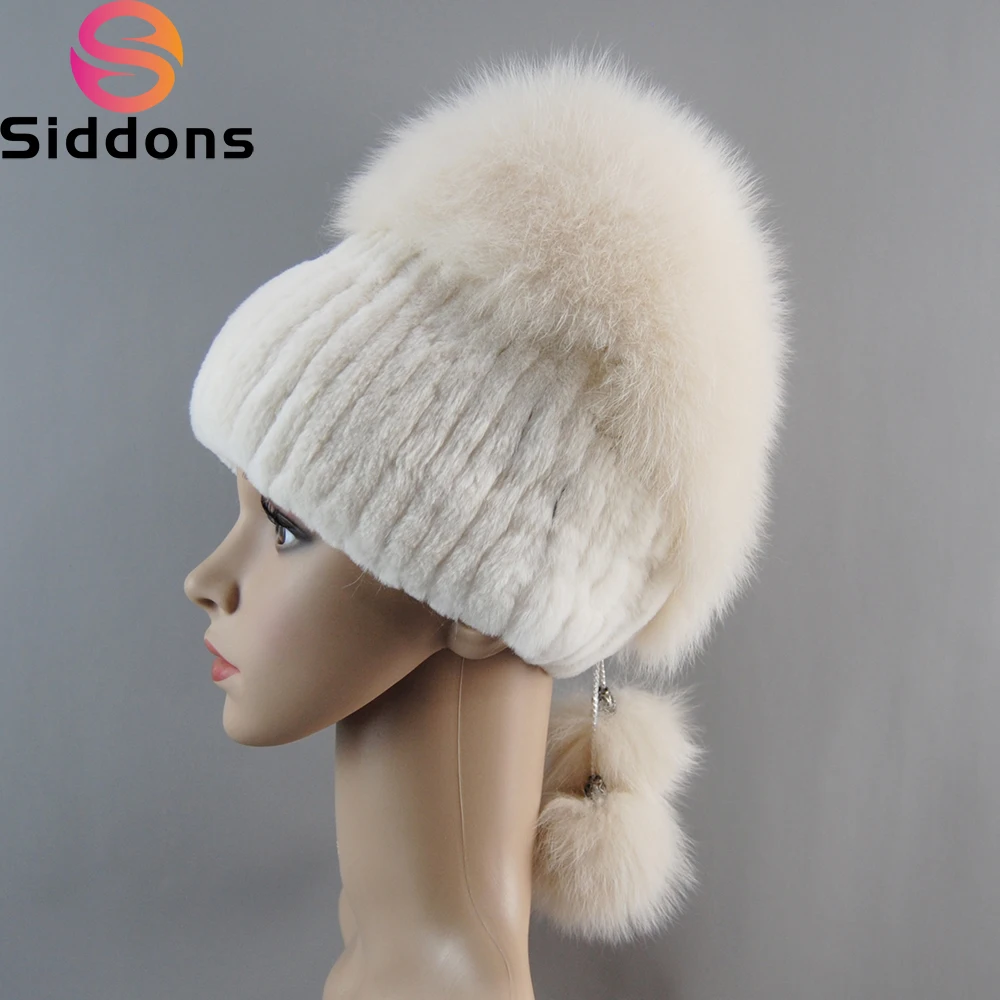 

2024 Luxury Women Genuine Rex Rabbit Fur Hats Winter Rex Rabbit Fur Beanies Head Top Flower Real Fox Fur Warm Real Fur Knit Caps