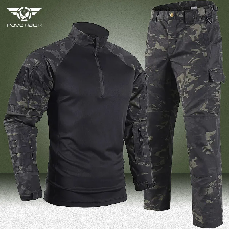 Set da allenamento mimetico nero da uomo magliette a maniche lunghe resistenti all'usura traspiranti autunnali + pantaloni cargo dritti multitasche tute da 2 pezzi