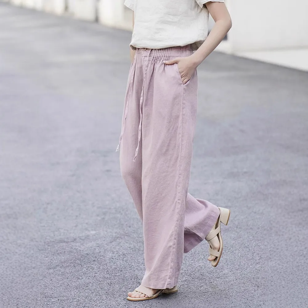 

High Waist Slim Wide Leg Pants Women's Summer Thin New Sle Linen Drapey Casual Straight Long Trousers Artistic Sle ket