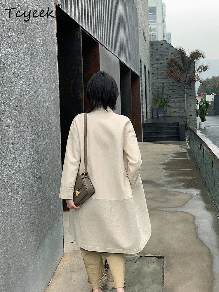 Tcyeek 리얼 양가죽 봄 가을 트렌디 미드 길이 베이지 스탠드 칼라 여성용 천연 가죽 재킷