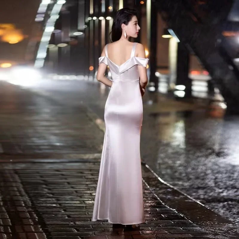 Hot Selling No. 85Suspender Slimming Long Skirt Sexy Silky Off-the-Shoulder V-Neck Evening Gown