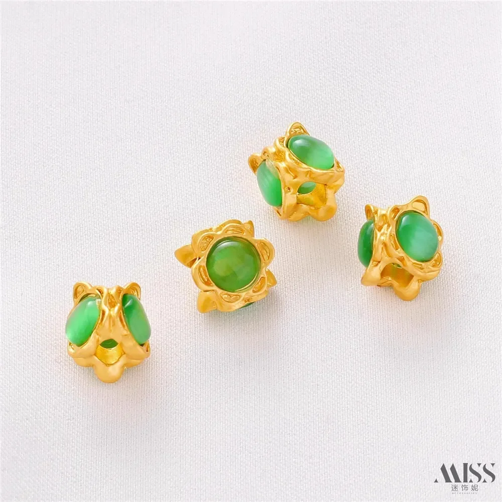18K Matte Gold Color Inlaid Cat's Eye Jade Large Hole Bead Spacer Loose Bead DIY Bracelet Bucket Bead Jewelry Accessories