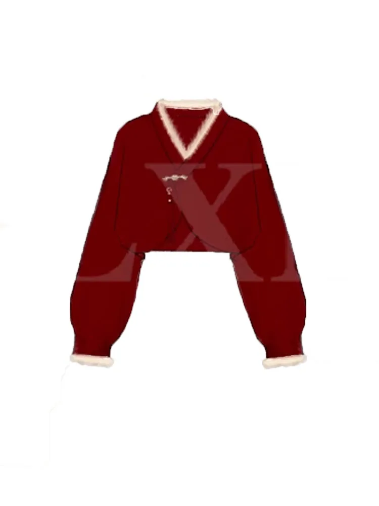 ALXNAN Women's Red Knitted Cardigan Short New Chinese Style Unique Buckle Design Sweaters 2025 Autumn Long Sleeve Tops L52208SY