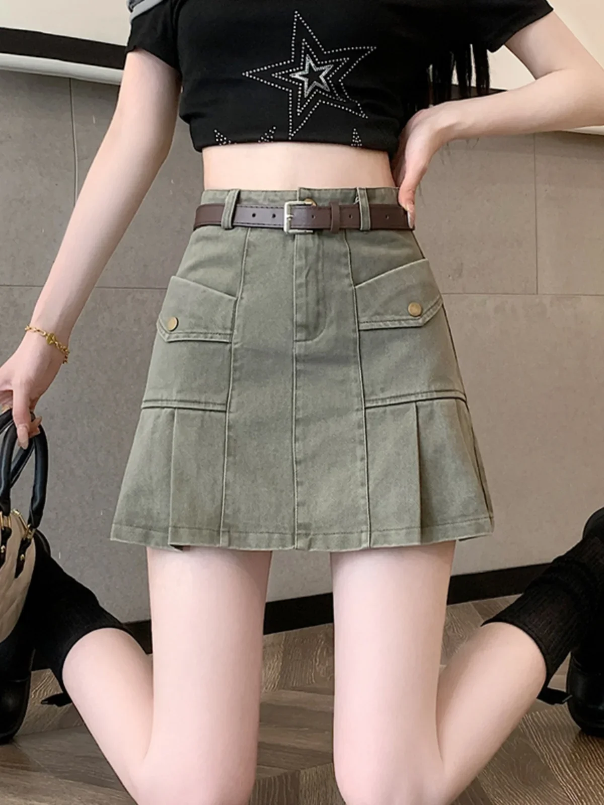 Khaki Work Short Skirts for Female Pleated Half-body Skirt Women Summer High Waist Thin Sweet Girl Solid Color Skirt with Sashes
