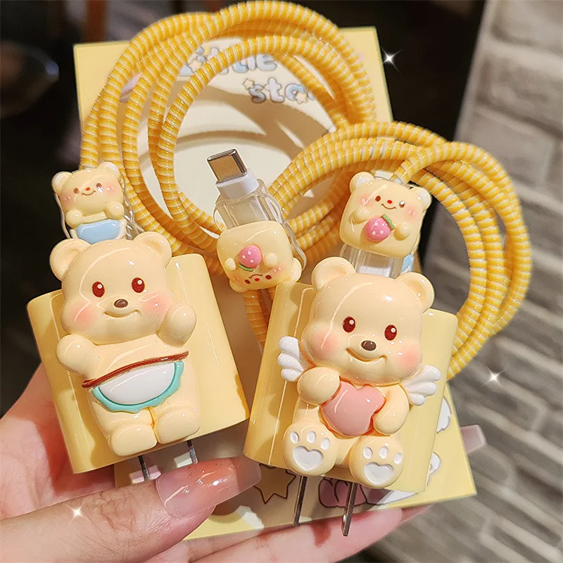 3D Bear Design Charger Cable Protector Cover For IPhone 15 14 13 12 11 18W 20W Charger Data Cable Line Spiral Winder Protective