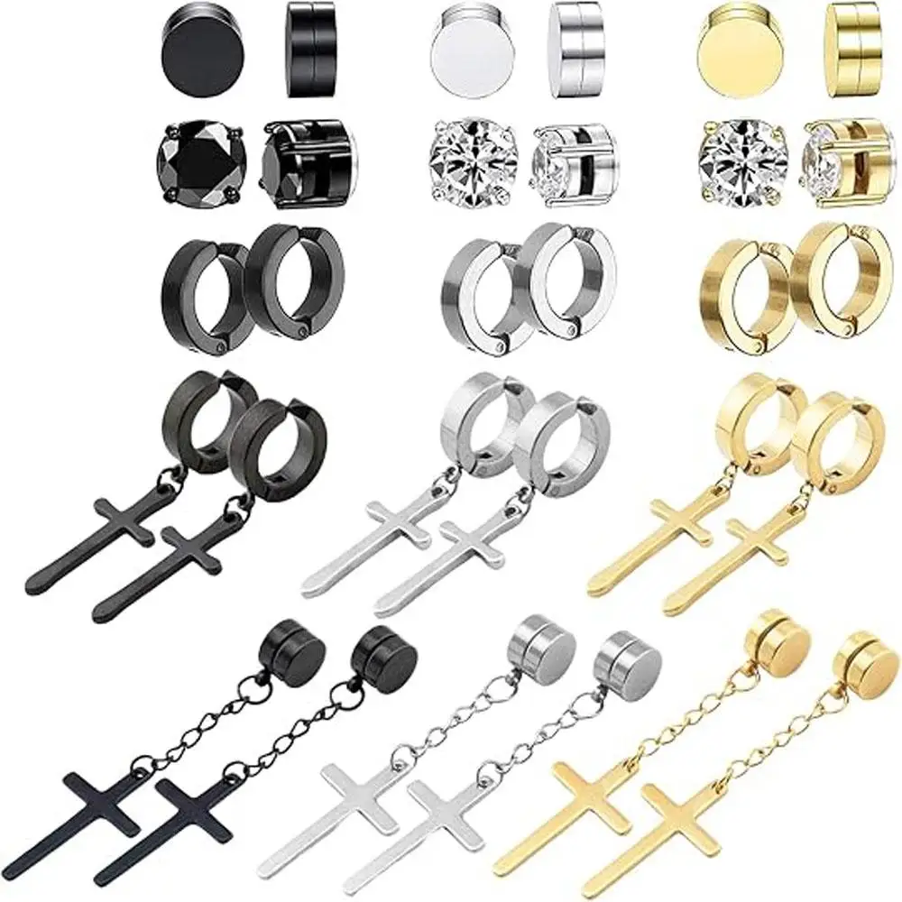1/15Pairs Magnetic Earrings Men Cubic Zirconia Clip on Earrings Stainless Steel Unisex Non Piercing Studs Fake Diamond Earrings