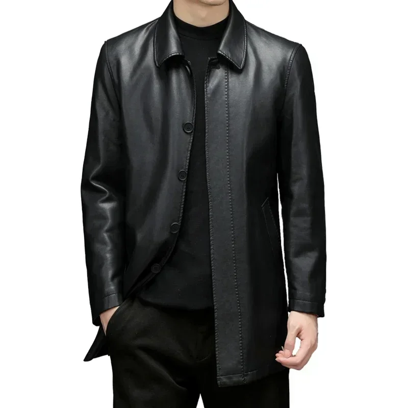 7XL Genuine Leather Jacket Men's Clothing Midi Long Winter Plush Warm Leather Windbreaker Male Large Size Mens Leather Jacket F