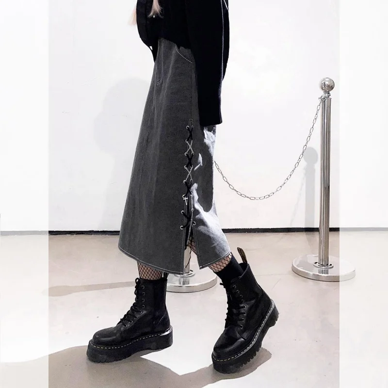 

Vintage Design Slit Midi Skirt Women, Mid-Length Autumn New Korean Style Versatile High-Waisted Skirt, Arm-Hugging Ski