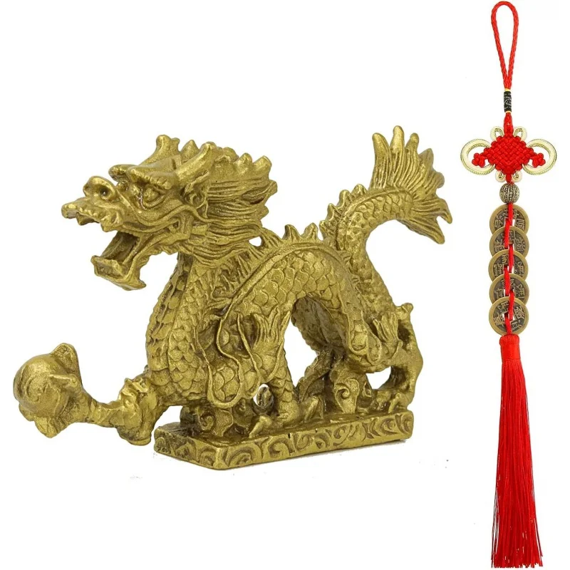 

YEBON Feng Shui Brass Dragon Statue with Set of 5 Lucky Charm Ancient Coins for Wealth and Success Good Lucky Gifts