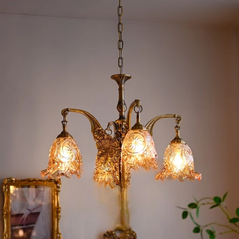 French retro all-copper glass chandelier bud foyer dining room bedroom aisle entrance American medieval staircase chandelier