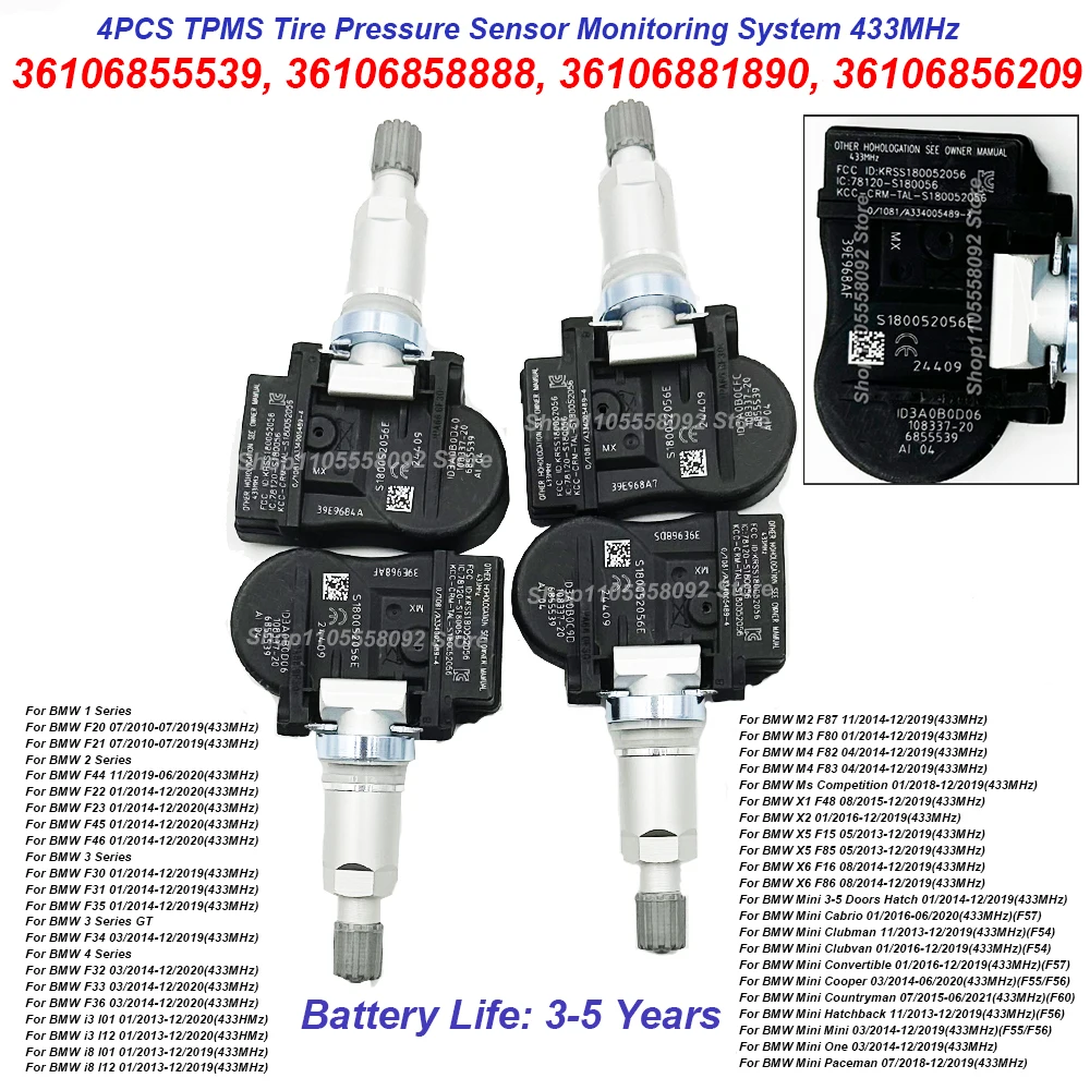 4PCS TPMS Sensor 36106855539 36106881890 36106856209 6855539 707355-10 For BMW 1 2 3 Series i3 i8 M2 M3 M4 X1 X2 X5 X6 Mini