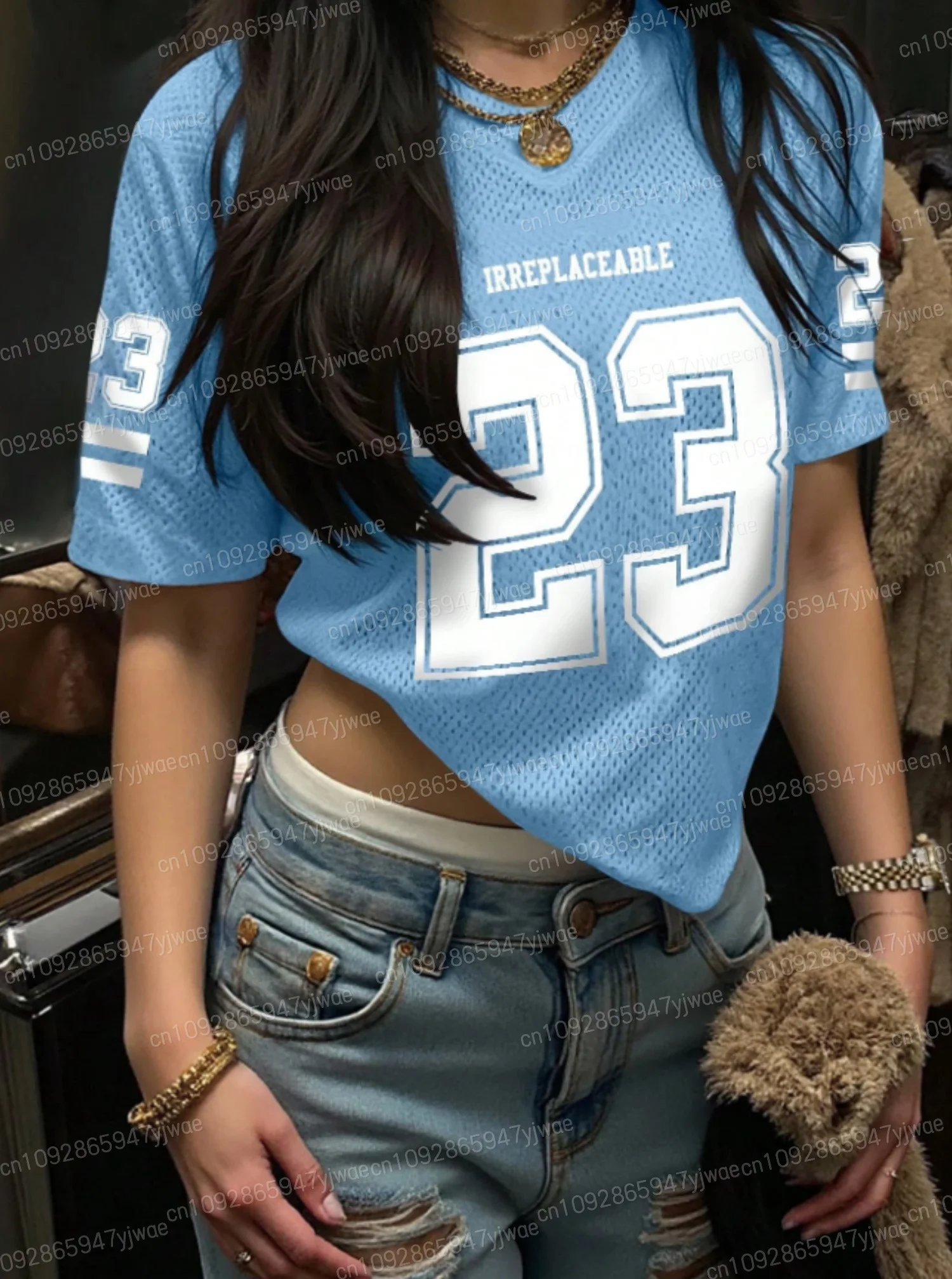

2025 Summer Blue Number 23 T Shirt For Women Mesh fabric Striped V-Neck Tee Summer Harajuku Trend Short Sleeve Streetwear Tops
