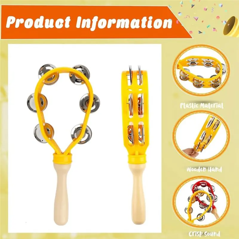 NALFI-Hand Held Percussion Instrument 6 Pack Tambourine With Double Row Metal Jingles Handle Grip