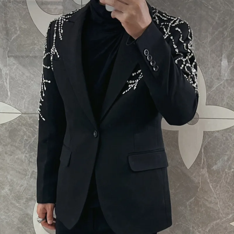 High Quality Luxury Diamond Mens Blazer Party Heavy Industry Hot Diamond Punk Slim Suit Jacket Men Chaquetas Hombre De Vestir