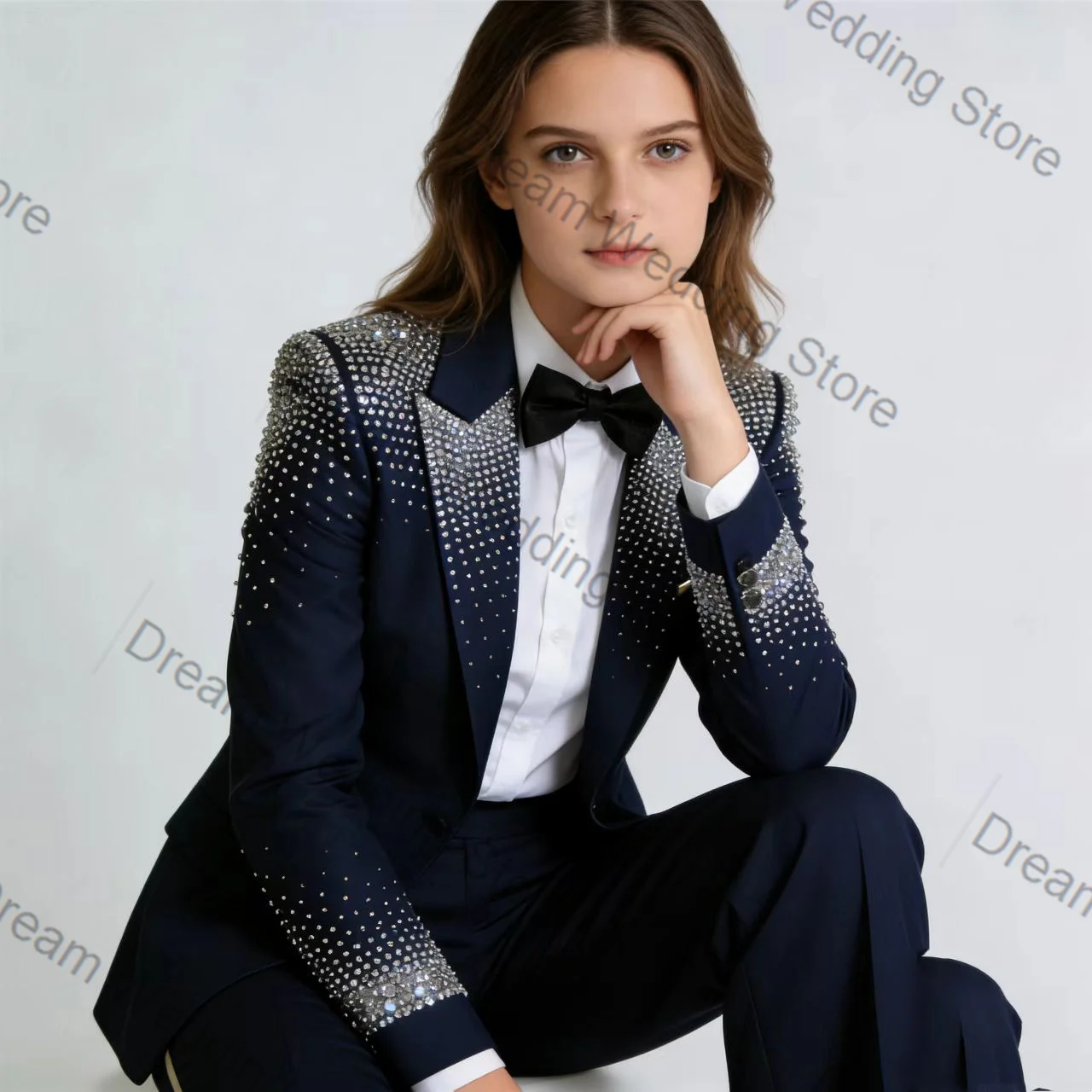 

Navy Blue Women Suit Set 2 Pcs Blazer+Pants Trousers Spring Formal Office Lady Jacket Customized Wedding Guest Coat