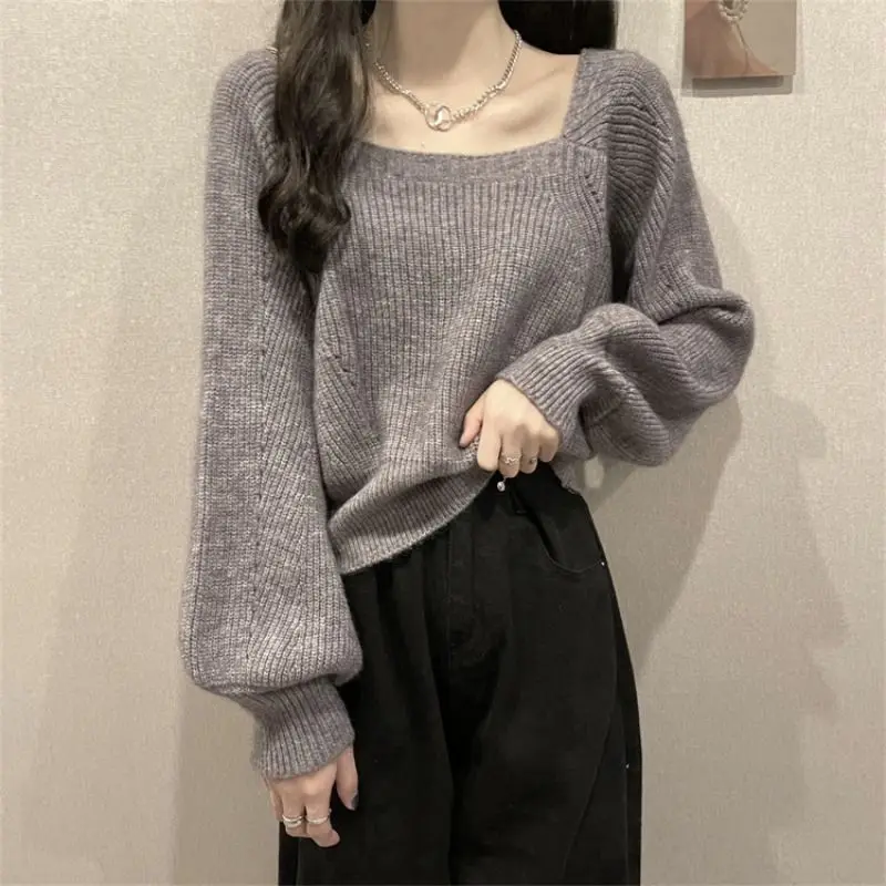 Women Autumn Simplicity Temperament Loose Solid Color Square Collar Long Sleeve Knitwear Ladies Fashion All-match Knitting Tops