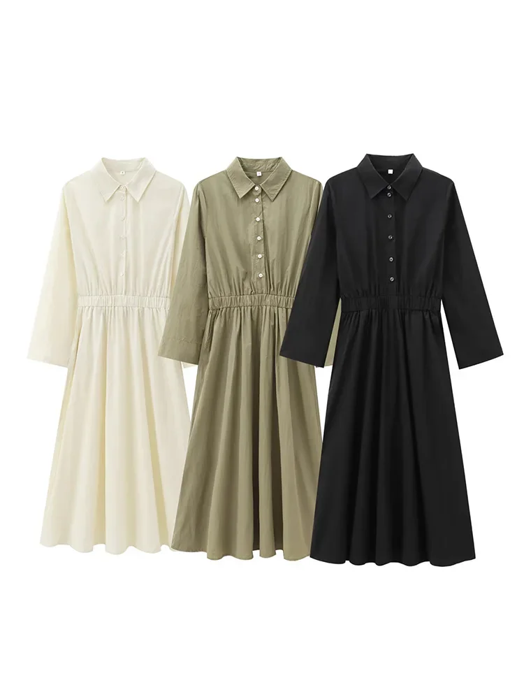 

Pop 24 European And American Style Autumn New Lapel Long Sleeve Pleated Decorative Side Pocket Shirt Style Midi Dress