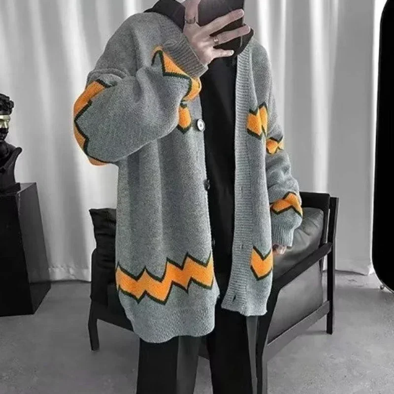 Knit Sweater Male Jacket V Neck Cardigan Men\'s Clothing Black Striped Coat Korean Autumn Clothes Casual Pull Oversize Cotton Fun