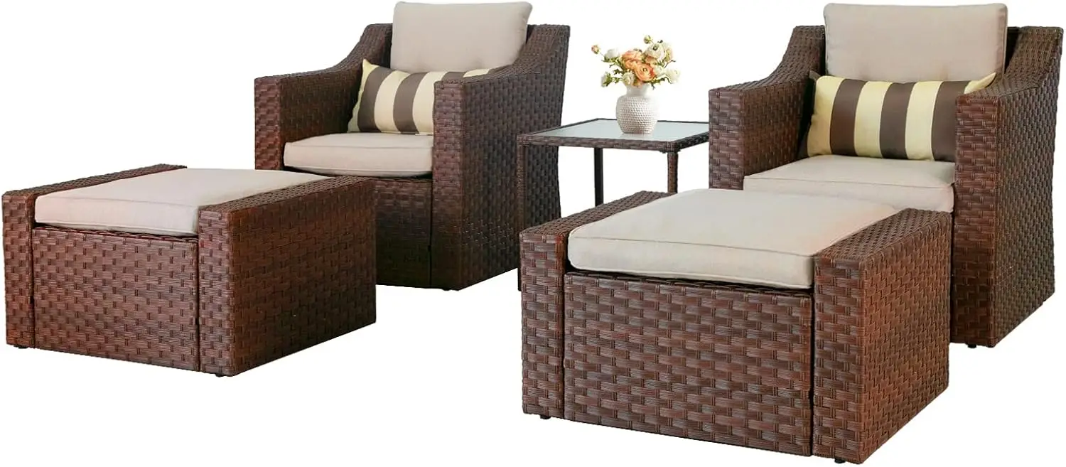 5 Piece Patio Conversation Set Outdoor Furniture Set, Brown Wicker Lounge Chair with Ottoman Footrest