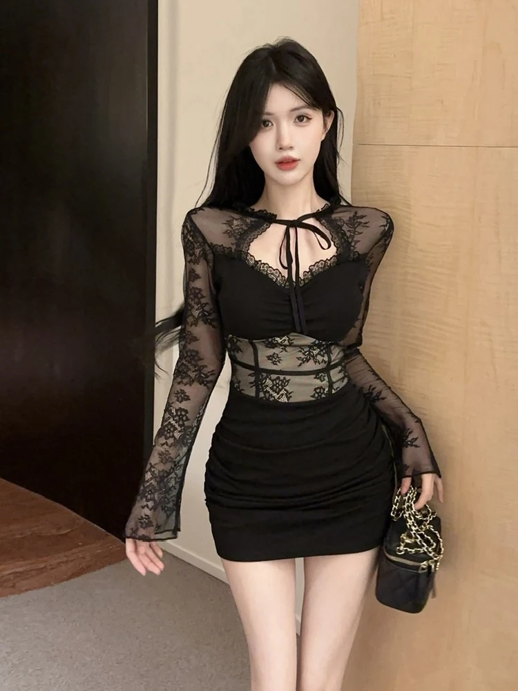 فستان قصير شفاف بأكمام طويلة من الدانتيل من Foamlina فستان نسائي قصير برباط على شكل حرف O وخصر منخفض مكشكش فستان قصير للحفلات ضيق Y2K ملابس الشارع #1