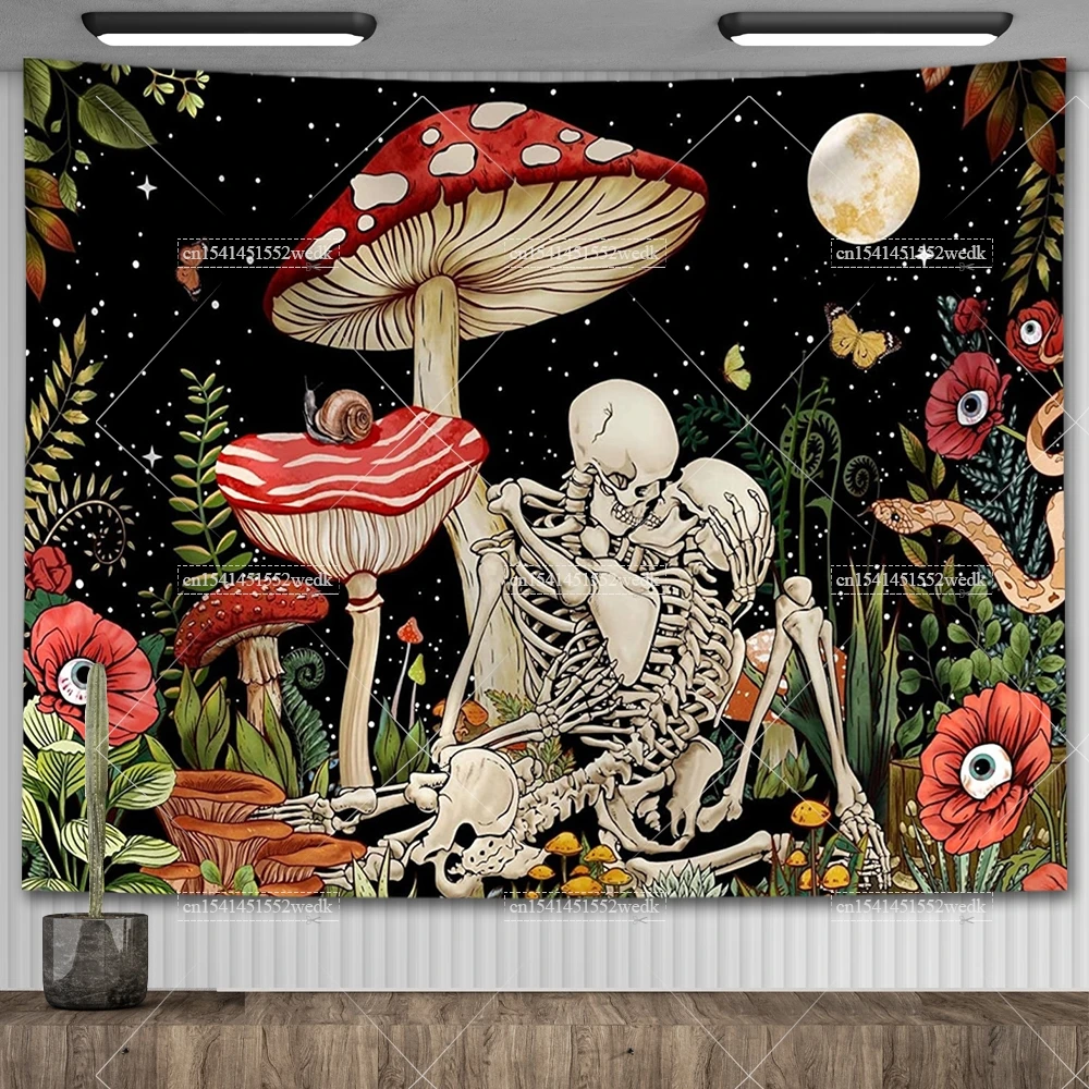 Skeleton Tapestry Floral Plant Flower Goth Skull Mushroom Wall Hanging Tapestry Moon Constellation Home Decor Background Cloth