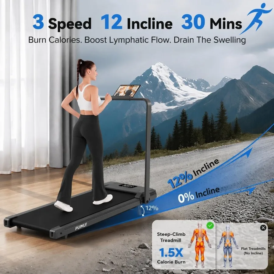 Under Desk Walking Pad Folding Treadmill for Home/Office/Gym: Steel Frame, Black, 12/15 Incline, Shock Absorption, 300+lb Capac