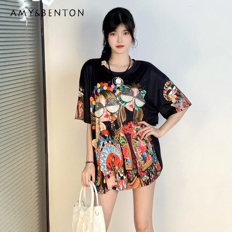 

2024 Summer New Heavy Embroidery Diamond Drills O-neck T-shirt Women's Color Printing Casual Fashion Oversize Loose Top Pullover