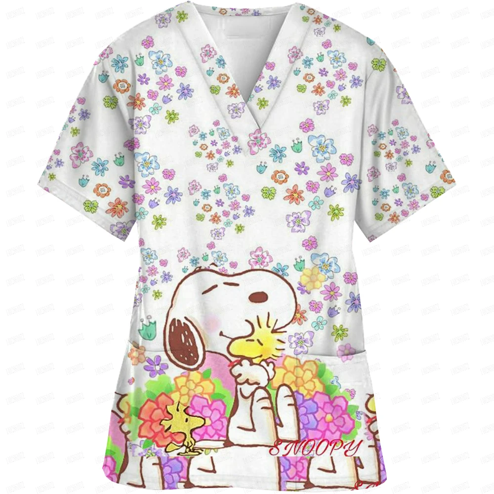 Surgical Wear Work Clothes Cartoon Snoopy print Hand Washing Nurse Uniform Women's V Neck Short Sleeve T-Shirt Tops