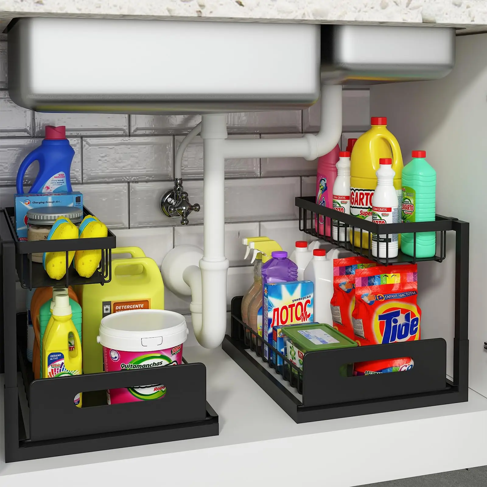 Under Sink Organizer, Pull Out Cabinet Organizer 2 Tier Slide Out Sink Shelf Cabinet Storage Shelves, Kitchen Under Sink Storage