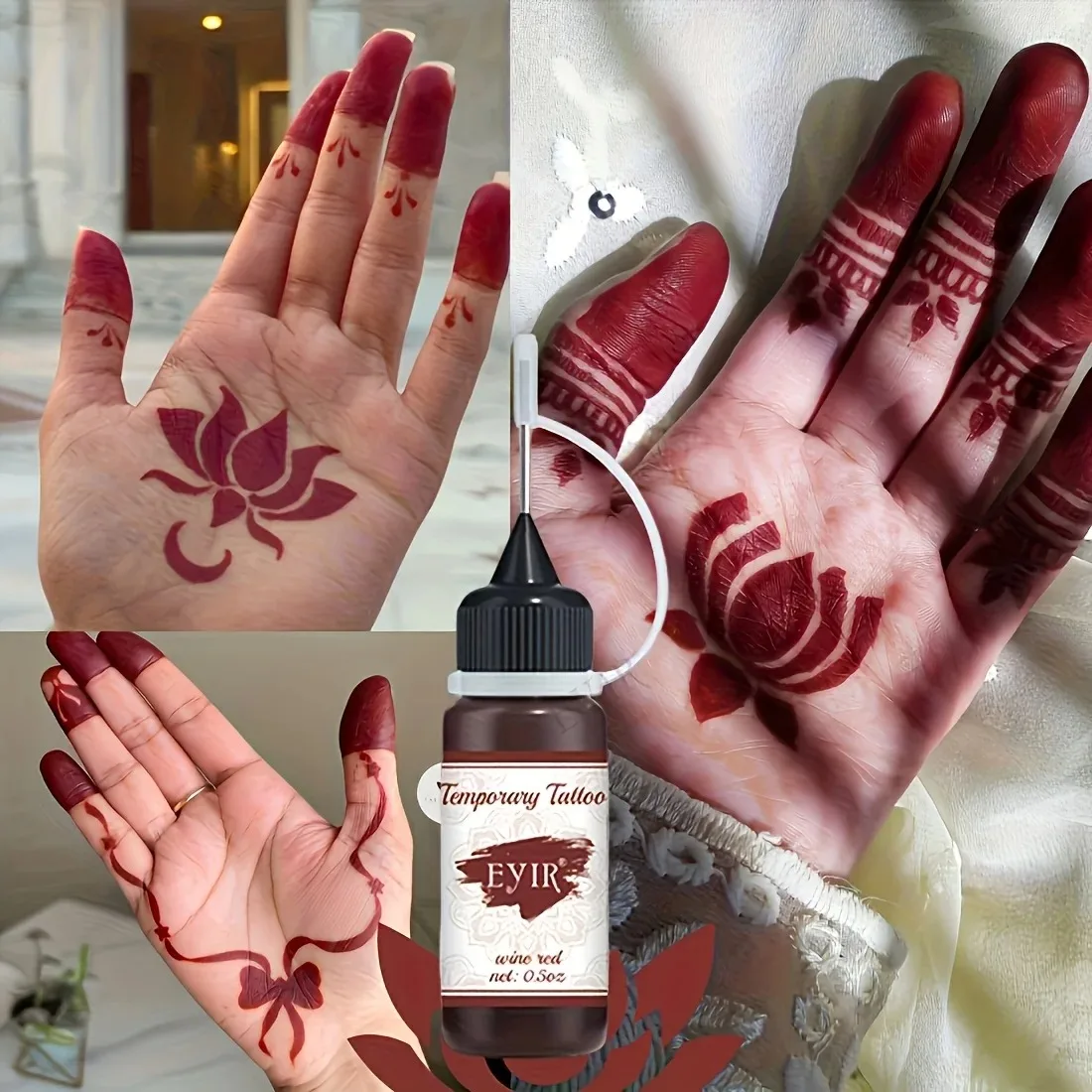 EYIR Wine Red Temporary Tattoo Paste Kit With 4 Floral Mandala Stencil Sets Henna Body Art Ink DIY Hand Painting Design - view 6