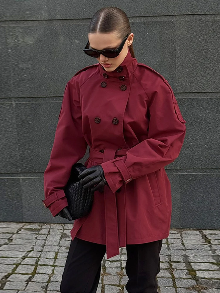 Stehkragen Doppelreihiger Kurzer Trenchcoat mit Gürtel für Damen, Street-Style mit Epauletten, Langarm, Einfarbig, Locker Geschnittene Jacke, Neue Damen-Oberbekleidung – Detail 6