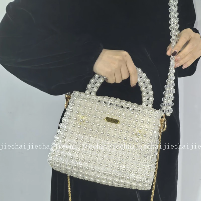 New Fashionable Socialite Temperament High-end Bead Small Square Bags 2026 Exquisite Compact Pearl Hand Woven Crossbody Handbag
