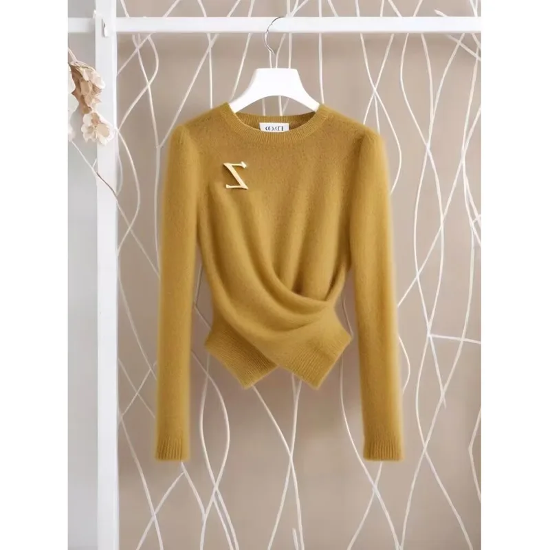 [oein]2024 Winter , High-end Temperament, Socialite Design, Waist Yellow Knitted Sweater, Winter, Small