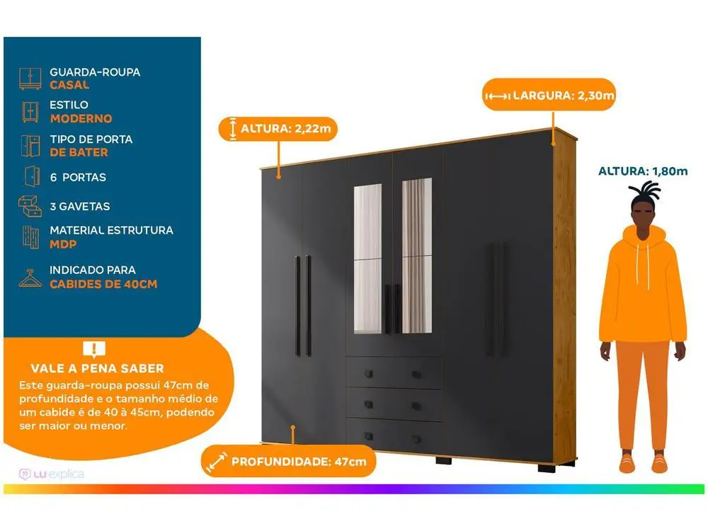 Araplac Malu 6 Doors Couple Wardrobe with Mirror