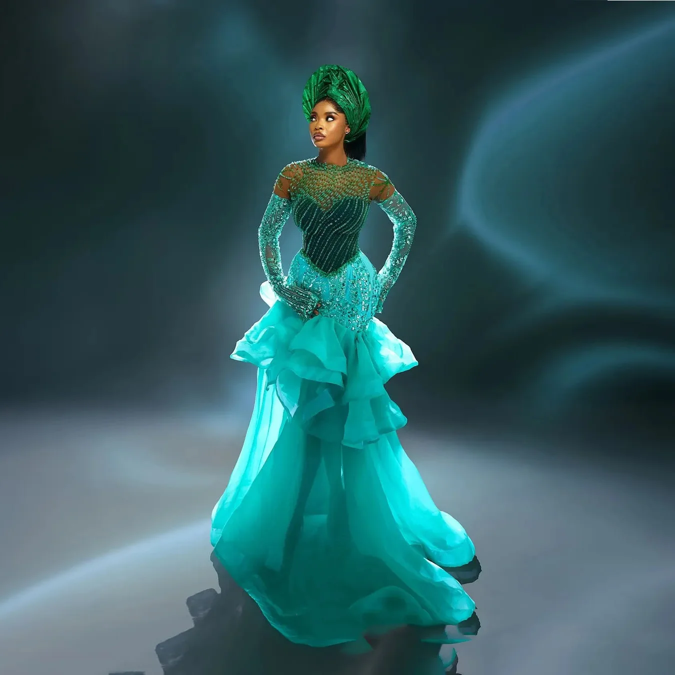 

Beads Applique vestido de festa Evening Dresses Aso Ebi Aqua Blue Evening Dress Long Crystals African Sequin Prom Gowns Layered