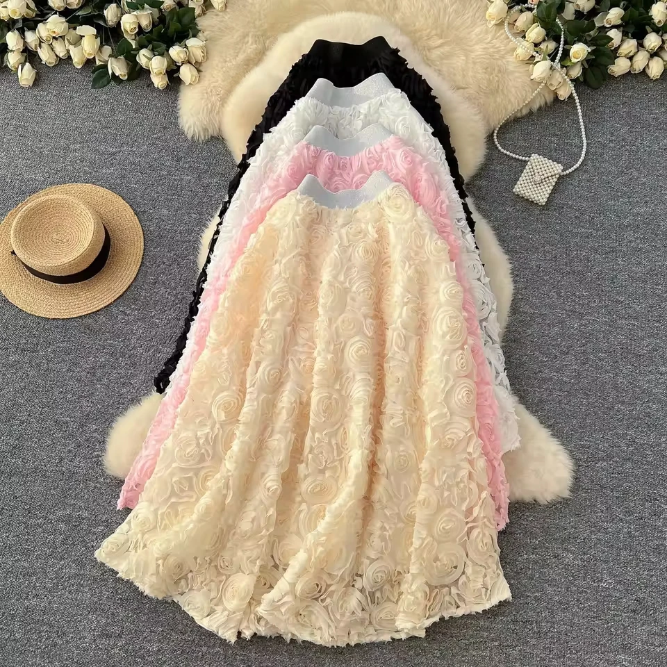 New 3D Flower A-line Women's Skirts 2026 Spring Summer High Waist Slimming Elegant Long Skirt