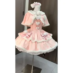 Autumn Winter New JK Lolita Plush Patchwork Shawl Crop Top + Sweet Bow Strap Dress Japanese Princess Dress Sets Women Y2k Suits