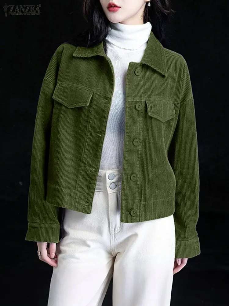 

ZANZEA Осенние вельветовые куртки Пальто Женщины 2025 Модные куртки с лацканами и длинными рукавами Slim Fit OL Верхняя одежда Пальто на пуговицах