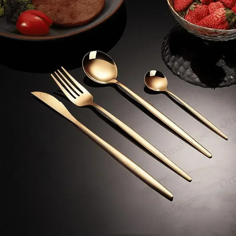 24pcs Stainless Steel Steak Knife Fork Coffee Spoon Gold Dinnerware Set Teaspoon Flatware Dishwasher Safe Kitchen صحون كوريه